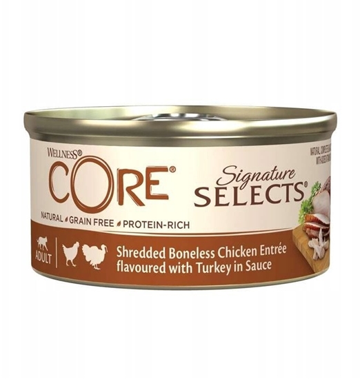 Picture of Whiskas Core Signature Selects Signature Selects Shredded Chicken, mokra karma, dla dorosych kotów, kurczak z indykiem w sosie, 79g, puszka