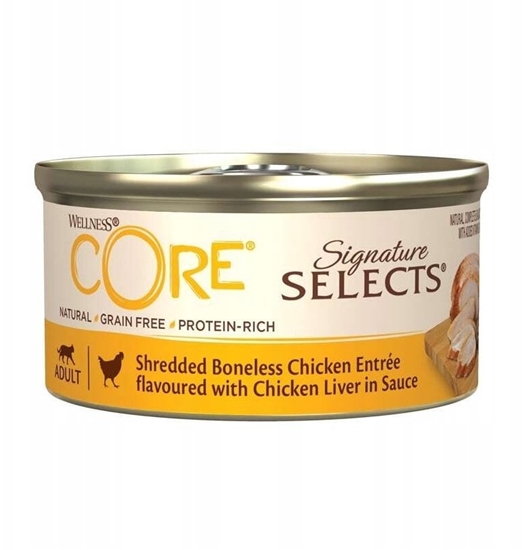 Picture of Whiskas Core Signature Selects Signature Selects Shredded Chicken, mokra karma, dla dorosych kotów, kurczak z wtróbk w sosie, 79g, puszka