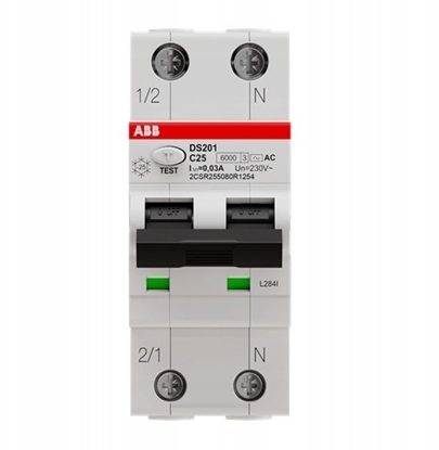 Attēls no ABB Wycznik wycznik rónicowo-nadprdowy 1P+N typ C 25A 6kA 30mA AC natychmiastowy DS201 C25 AC30 2CSR255080R1254
