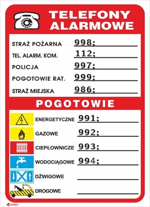 Picture of ANRO Tabliczka Telefony alarmowe 210 x 150mm (93/210X150/F)