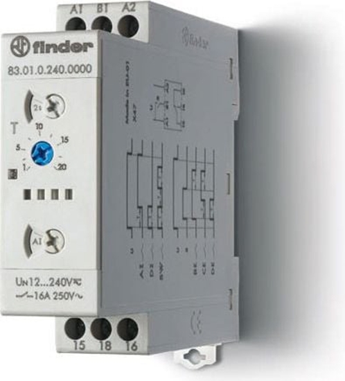 Изображение Finder Przekanik czasowy 1P 16A 24 - 240V AC / DC 0,05s - 10dni AI, DI, GI, SW,BE, CE, DE, WD (83.01.0.240.0000)