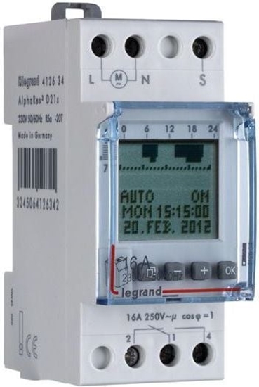 Picture of Legrand Zegar sterujcy 16A cyfrowy tygodniowy jednokanaowy z opónieniem AlphaRex D21s (412634)