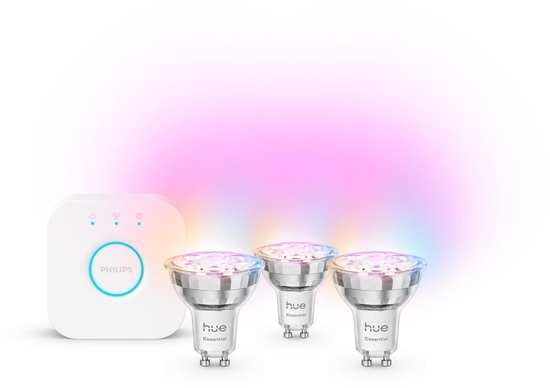 Picture of Philips Hue Essential Starter Kit Spotlight + Hue Bridge Full Color GU10 3 gab. biaa - Inteligentny zestaw owietleniowy 929004235707 (8721103103710)