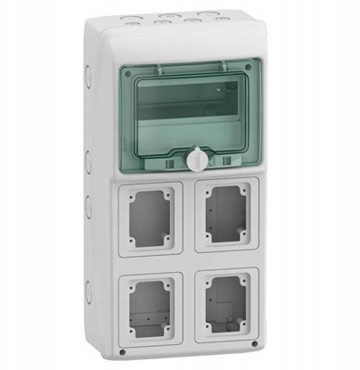 Изображение Rozdzielnica 1x8 natynkowa Mureva IP65 do podczenia gniazd gMRV-1-8-NT-T/4 4 otwory 90x100mm 13179