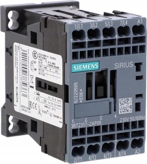 Picture of Siemens Stycznik S00 AC-1 14.5 kW / 400V AC-1 22A AC 230V 50/60Hz 4R 4P przycze sprynowe 3RT2317-2AP00