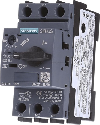 Attēls no Siemens Wycznik silnikowy 3P 0,75kW 1,4-2A S00 (3RV2011-1BA10)