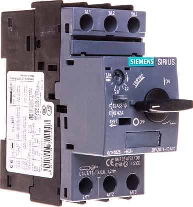 Attēls no Siemens Wycznik silnikowy 3P 1,1kW 2,2-3,2A S00 (3RV2011-1DA10)