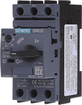 Attēls no Siemens Wycznik silnikowy 3P 2,2kW 4,5-6,3A S00 (3RV2011-1GA10)