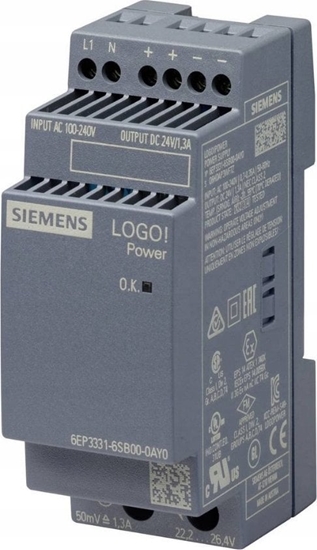 Picture of Siemens Zasilacz impulsowy LOGO POWER 24V 1.3A input: 100-240VAC output: 24VDC 1.3A 6EP3331-6SB00-0AY0