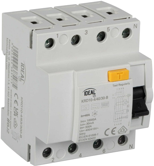 Изображение Wycznik rónicowoprdowy 4P 40A 0,03A typ B KRD10-4/40/30-B VDE 38540
