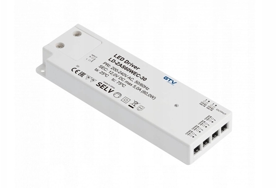 Изображение Zasilacz LED SLIM EASY CLICK 12V,60W, input 220-240VAC, IP20, wym.190x62x21(23) mm, 6 wbudowanych gniazd mini amp i przewód