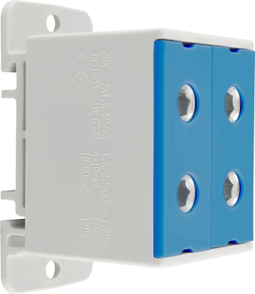 Picture of Zczka szynowa rozdzielcza 1-torowa 4-otwory 50mm2 ZGX 2x50 niebieska ENE-00262