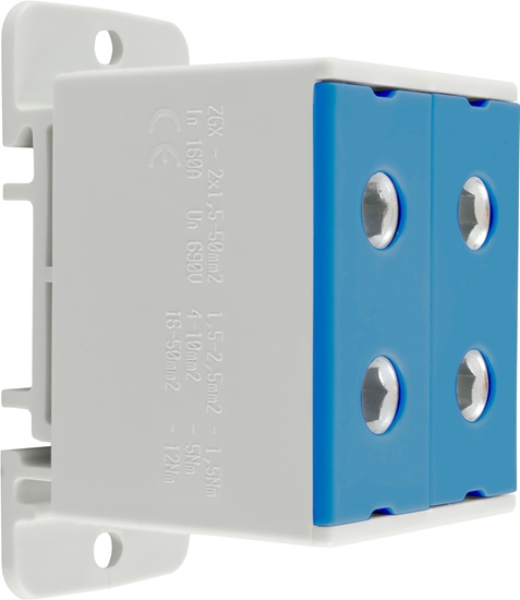Picture of Zczka szynowa rozdzielcza 1-torowa 4-otwory 50mm2 ZGX 2x50 niebieska ENE-00262