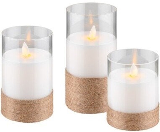 Picture of Zestaw trzech wiec LED z prawdziwego wosku w soiku, biay, owinity konopiami