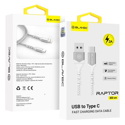 Attēls no Blavec Cable Raptor braided - USB to Type C - 2A 3