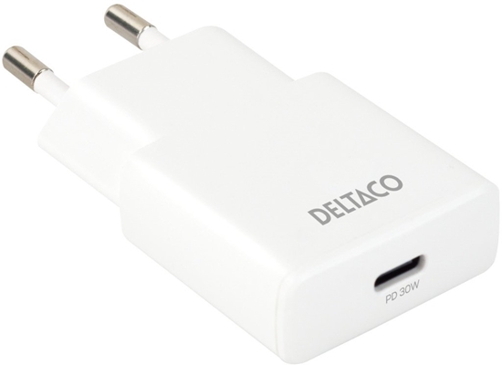 Picture of adowarka Deltaco USB-C wall charger 1x USB-C PD 30 W, slim size, supports PPS, white / USBC-AC156 / 1903268