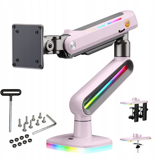 Изображение F6-XJ Sakura Pink Podwietlenie RGB Gamingowy mocny uchwyt biurkowy do duych monitorów 32-60 cali