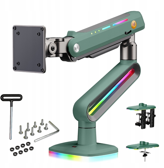 Изображение F6-XK Moss Green Podwietlenie RGB Gamingowy mocny uchwyt biurkowy do duych monitorów 32-60 cali