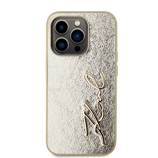 Изображение Karl Lagerfeld Wrinkled PU Signature Logo Case for iPhone 15 Pro Max / gold