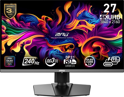 Изображение Monitor|MSI|MPG 272URX QD-OLED|27"|Gaming/4K|Matte|Panel QD-OLED|3840x2160|16:9|240 ??|0.03 ms|Swivel|Pivot|Height adjustable|Tilt|Colour Black|MPG272URXQD-OLED