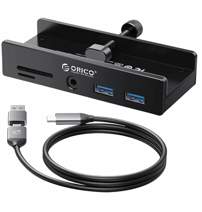 Picture of Orico Hub USB-C 5Gbps aktywny, przykrcany, 2x USB-A, czytnik SD, minijack 3,5 mm, czarny