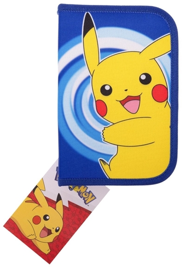 Picture of POKÉMON Filled single decker pencil case, 300D rich nylon, 20 x 12.8 x 3 cm. Contents: 8 triangular sharpened colour pencils, 1 triangular sharpened pencil, pencil sharpener, 15 cm ruler, 1 big eraser 13 x 4.5 x 1 cm. Packed closed/zipped in polybag.