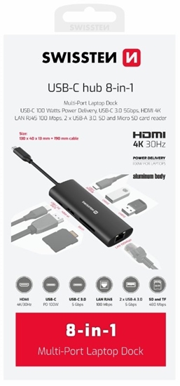Изображение Swissten 8in1 USB-C Hub Aluminium USB-C 100W / HDMI 4K / LAN RJ45 / 2x USB-A / USB-C / SD / MICRO SD