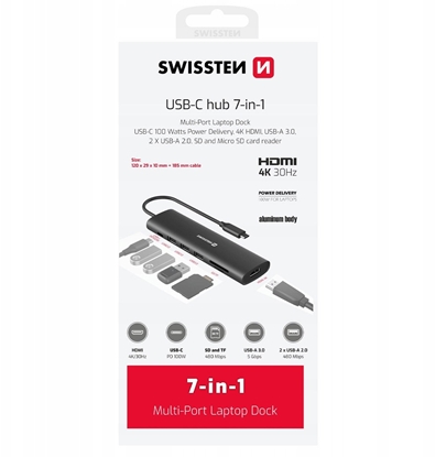 Picture of Swissten Daudzportu klpjdatora dokstacija USB-C Hub 7in1 USB-C 100W / HDMI 4K / USB-A 3.0 / 2x USB-A 2.0 / SD / MicroSD