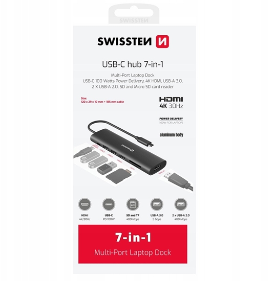 Picture of Swissten Daudzportu klpjdatora dokstacija USB-C Hub 7in1 USB-C 100W / HDMI 4K / USB-A 3.0 / 2x USB-A 2.0 / SD / MicroSD