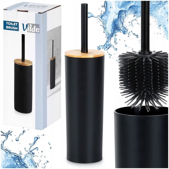Изображение Szczotka Silikonowa WC Ze Stojakiem Czarna Bambusowa Pokrywa 36,5 cm VILDE