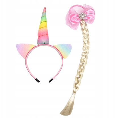Изображение Zestaw Opaska Jednoroec Gumka z Warkoczem Kokardka Pastelowa