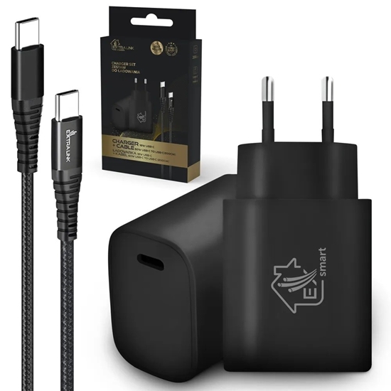 Picture of adowarka ExtraLink EXTRALINK SMART LIFE SET02 CABLE + CHARGER: 60W 20V 3A, USB-C-USB-C, 200CM / 18W PD3.0 5V/3A 9V/2A (BLACK)