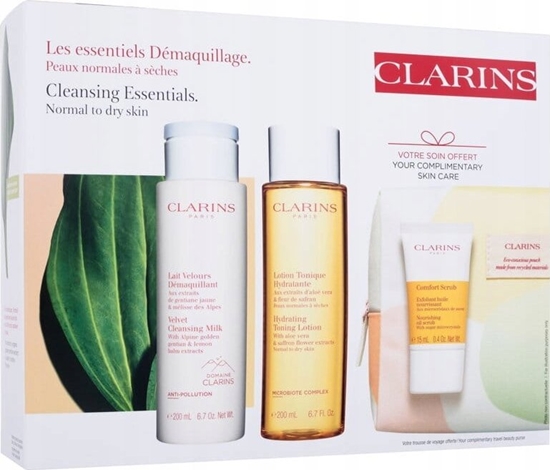 Picture of Clarins CLARINS SET (VELVET CLEANSING MILK 200ML + HYDRATING TONING LOTION 200ML + COMFORT SCRUB 15ML + COSMETICS BAG)