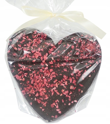 Изображение M.Pelczar Chocolatier Serce z gorzkiej czekolady dekorowane malinami 130g