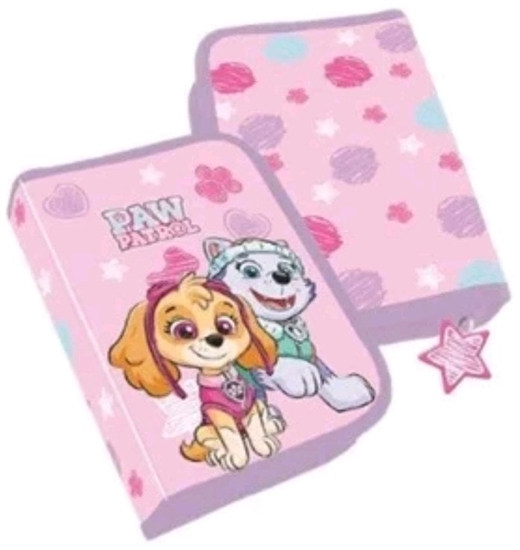 Picture of Paw Patrol Girls Filled single decker pencil case, 300D polyester with glitter printed stars,  20 x 12.8 x 3 cm. Contents: 8 triangular sharpened colour pencils, 1 triangular sharpened pencil, pencil sharpener, 15 cm ruler, 1 big eraser 13 x 4.5 x 1 cm. P