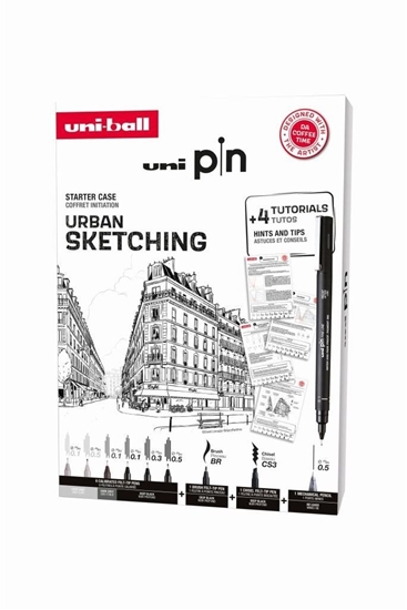Picture of Uni Pin Urban Sketching Box - Gift box with exercises (contains 8x uni pin + 1 pencil 0.5 mm)