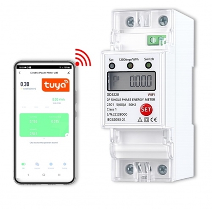 Изображение Viedais WiFi vienfāzes elektrības skaitītājs ar releju un Tuya monitoringu (60A, DIN)