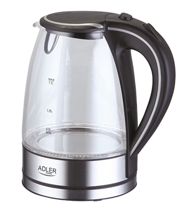 Attēls no Adler | Kettle | AD 1225 | Standard | 2000 W | 1.7 L | Glass | 360° rotational base | Transparent/Stainless steel