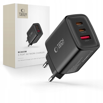 Picture of adowarka sieciowa Tech-Protect NCA65W-GAN USB-A, 2xUSB-C Network Charger PD 65W / QC3.0 Black