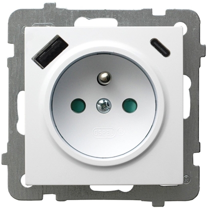 Attēls no AS Gniazdo pojedyncze z uziemieniem z przesonami torów prdowych, z adowark USB A+C biay GP-1GZPUSBAC/m/00