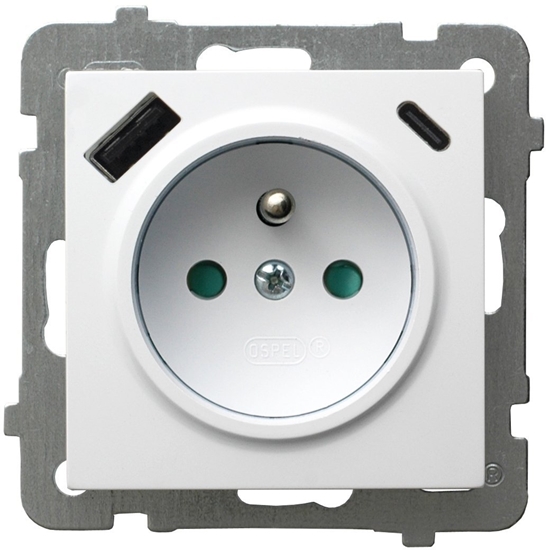 Picture of AS Gniazdo pojedyncze z uziemieniem z przesonami torów prdowych, z adowark USB A+C biay GP-1GZPUSBAC/m/00