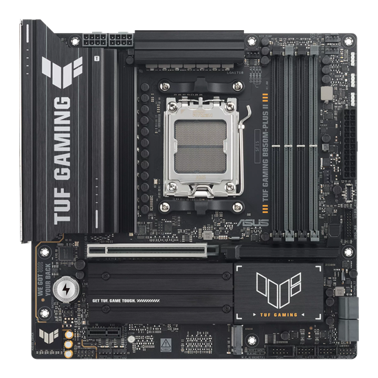 Picture of Asus TUF GAMING B850M-PLUS II | Processor family AMD | Processor socket AM5 | DDR5 | Supported hard disk drive interfaces SATA, M.2 | Number of SATA connectors 4