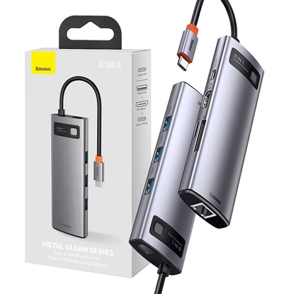 Attēls no Baseus CAHUB-CV0G Metal Gleam Series 8in1 Hub / USB-C to 3x USB 3.0 / HDMI / USB-C PD / Ethernet RJ45 / microSD/SD