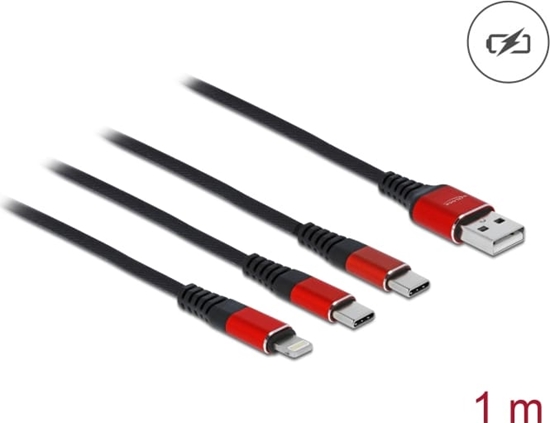 Picture of Delock USB Charging Cable 3 in 1 Type-A to Lightning™ / 2 x USB Type-C™ 1 m black / red