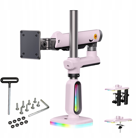 Изображение F7-XJ Sakura Pink Podwietlenie RGB Gamingowy mocny uchwyt biurkowy do duych monitorów 32-60 cali