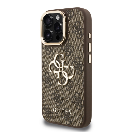 Picture of Guess PU 4G Metal Logo Stand Camera Frame Case for iPhone 15 Pro / Brown