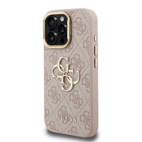 Picture of Guess PU 4G Metal Logo Stand Camera Frame Case for iPhone 16 Pro / Pink