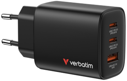 Изображение Lādētājs Verbatim Essentials GaN Wall Charger 65W 3 Port Black