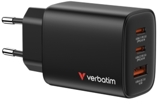Изображение Lādētājs Verbatim Essentials GaN Wall Charger 65W 3 Port Black