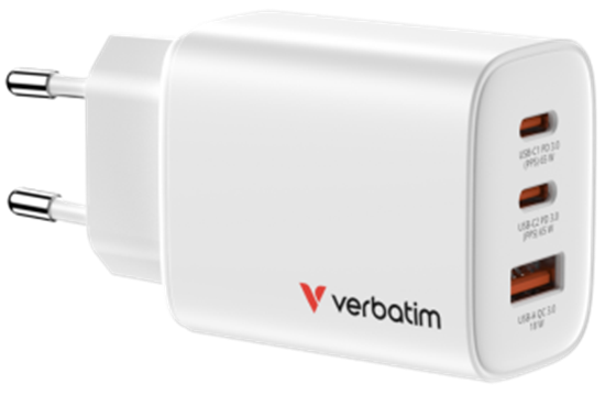 Изображение Lādētājs Verbatim Essentials GaN Wall Charger 65W 3 Port White